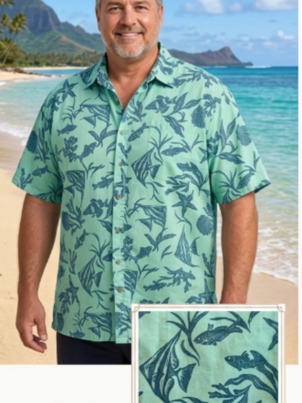 Cooke Street Men's XL Hawaiian Shirt Mint Green Teal Marine Sea Life 100% Cotto